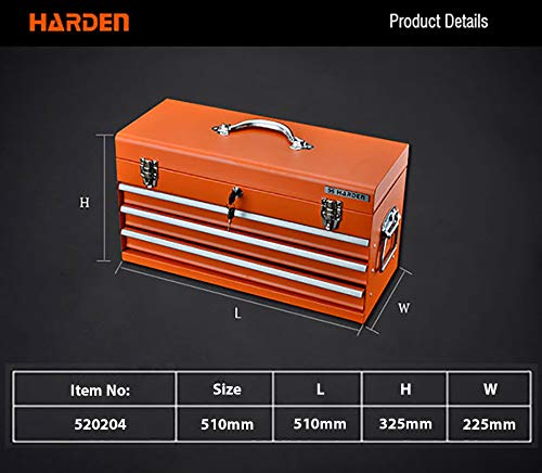 Harden Professional Metal Tools Box 3 Drawers with Top Compartment - 51x22.5x 32.5CM - Cold-Rolled Steel Plate, Heavy Duty Metal Latches, Scratch Resistant, Durable, Four-Tier Design - 520204
