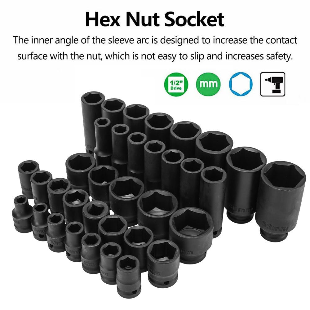 35 PC IMPACT SOCKET SET 1/2" DRIVE 8-32 MM (STANDARD & DEEP)