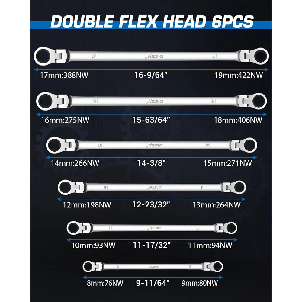 6 PC EXTRA LONG FLEXIBLE HEAD DOUBLE RING RATCHET SPANNER SET