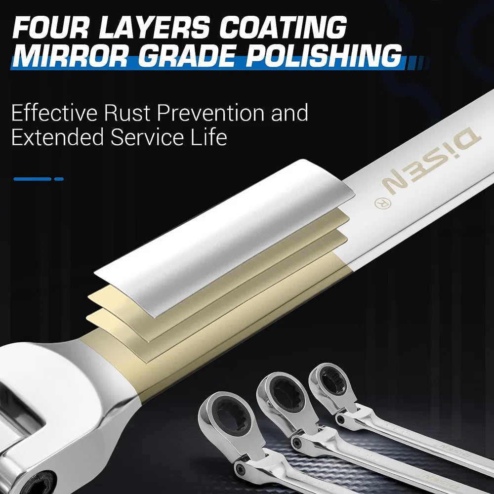 6 PC EXTRA LONG FLEXIBLE HEAD DOUBLE RING RATCHET SPANNER SET