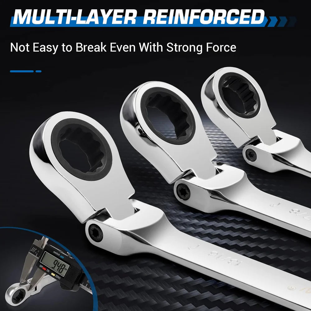 6 PC EXTRA LONG FLEXIBLE HEAD DOUBLE RING RATCHET SPANNER SET