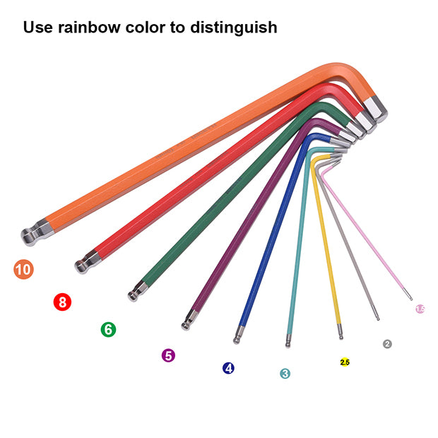 9 PC EXTRA LONG COLORED HEX BALL ALLEN KEY SET