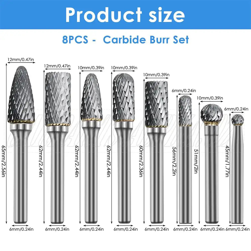 8 PC 1/4" SHANK TUNGSTEN CARBIDE BURR SET