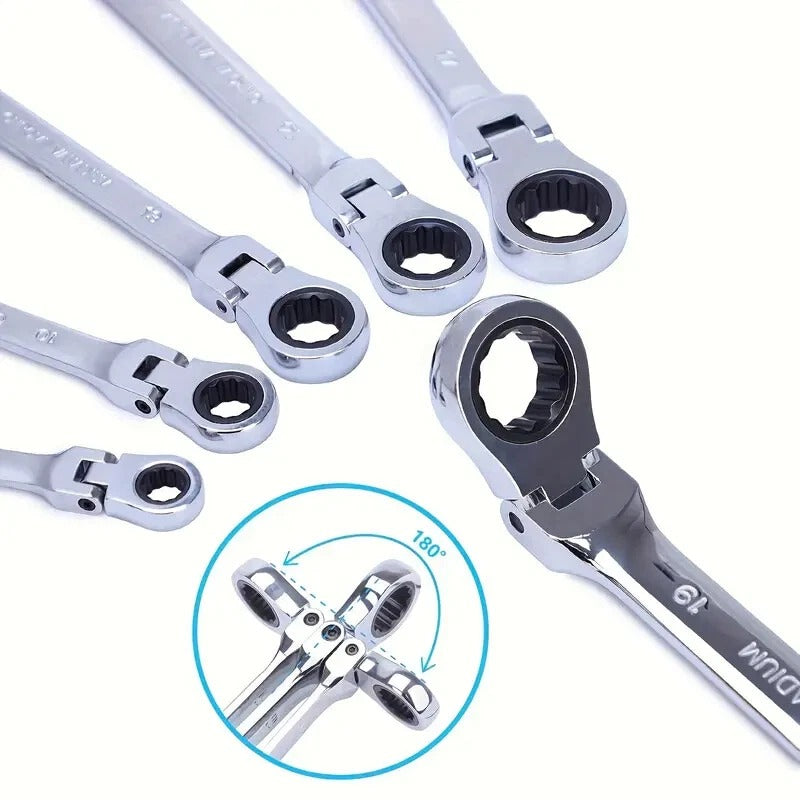 7 PC FLEXIBLE HEAD SWIVEL HEAD RATCHET SPANNER SET 8-19 MM
