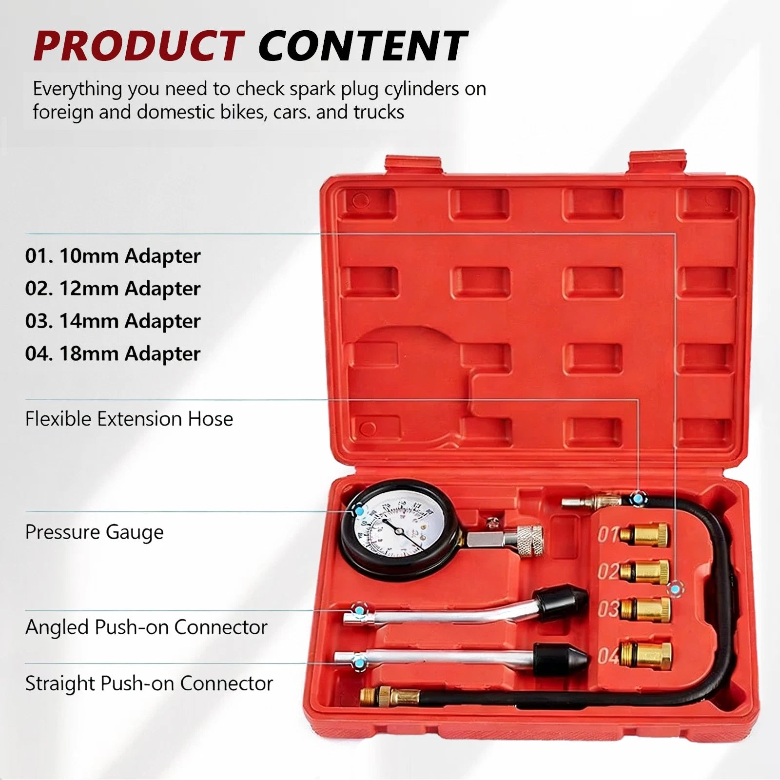 8Pcs Petrol Engine Cylinder Compression Tester Kit Automotive Gauge Tool 300Psi