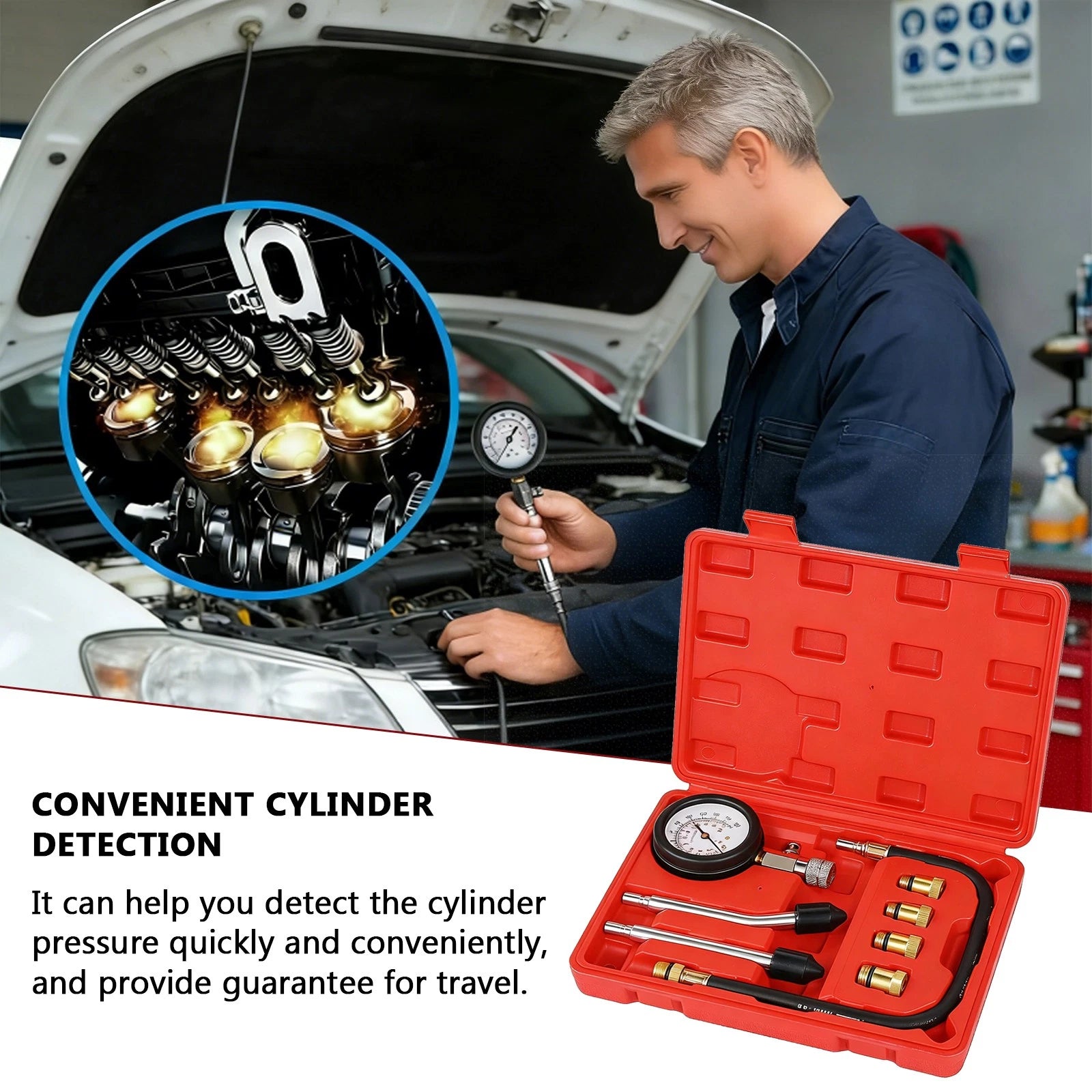 8Pcs Petrol Engine Cylinder Compression Tester Kit Automotive Gauge Tool 300Psi