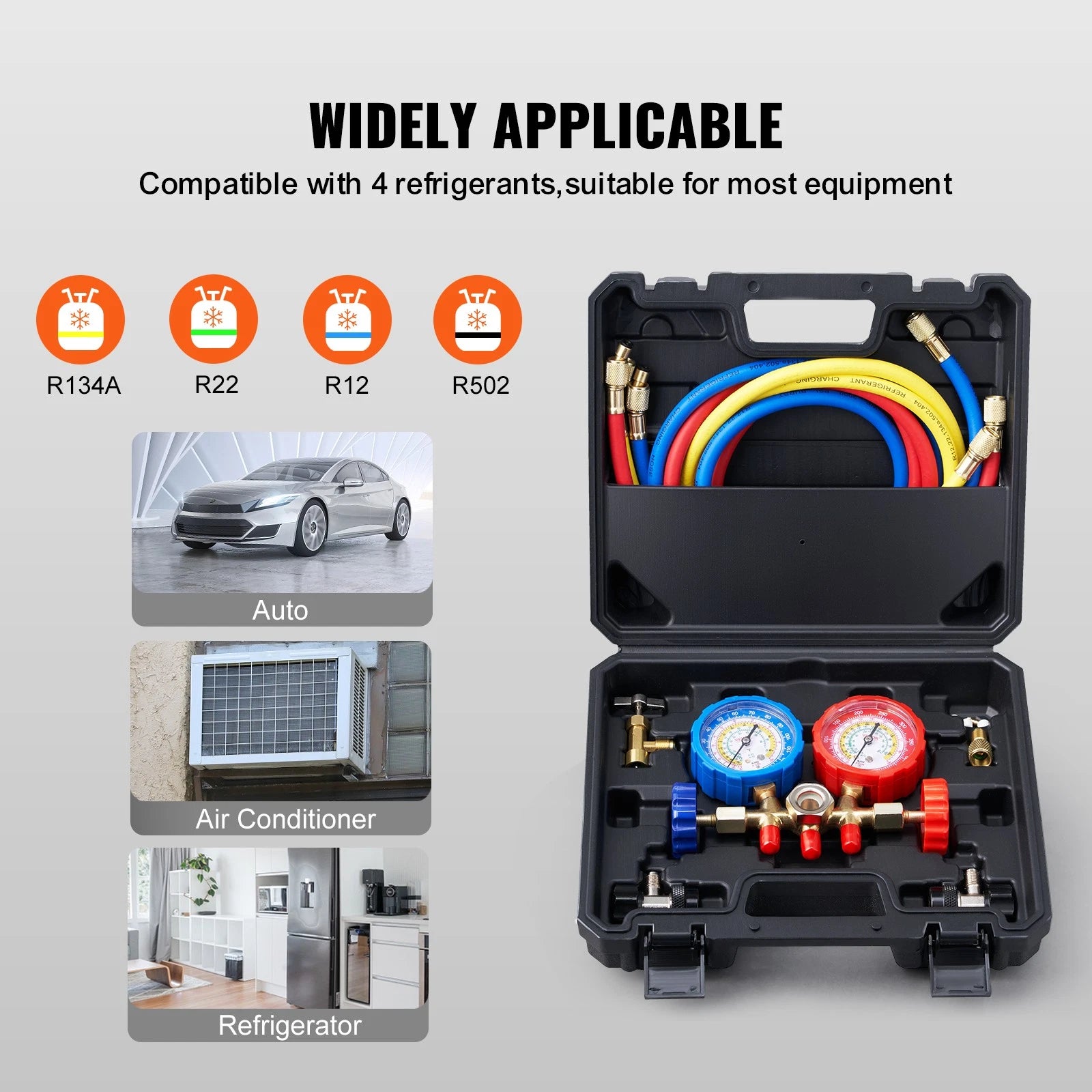 AC Manifold Gauge Set 3-Way Fit R134A R22 R12 R502 Refrigeration Charging