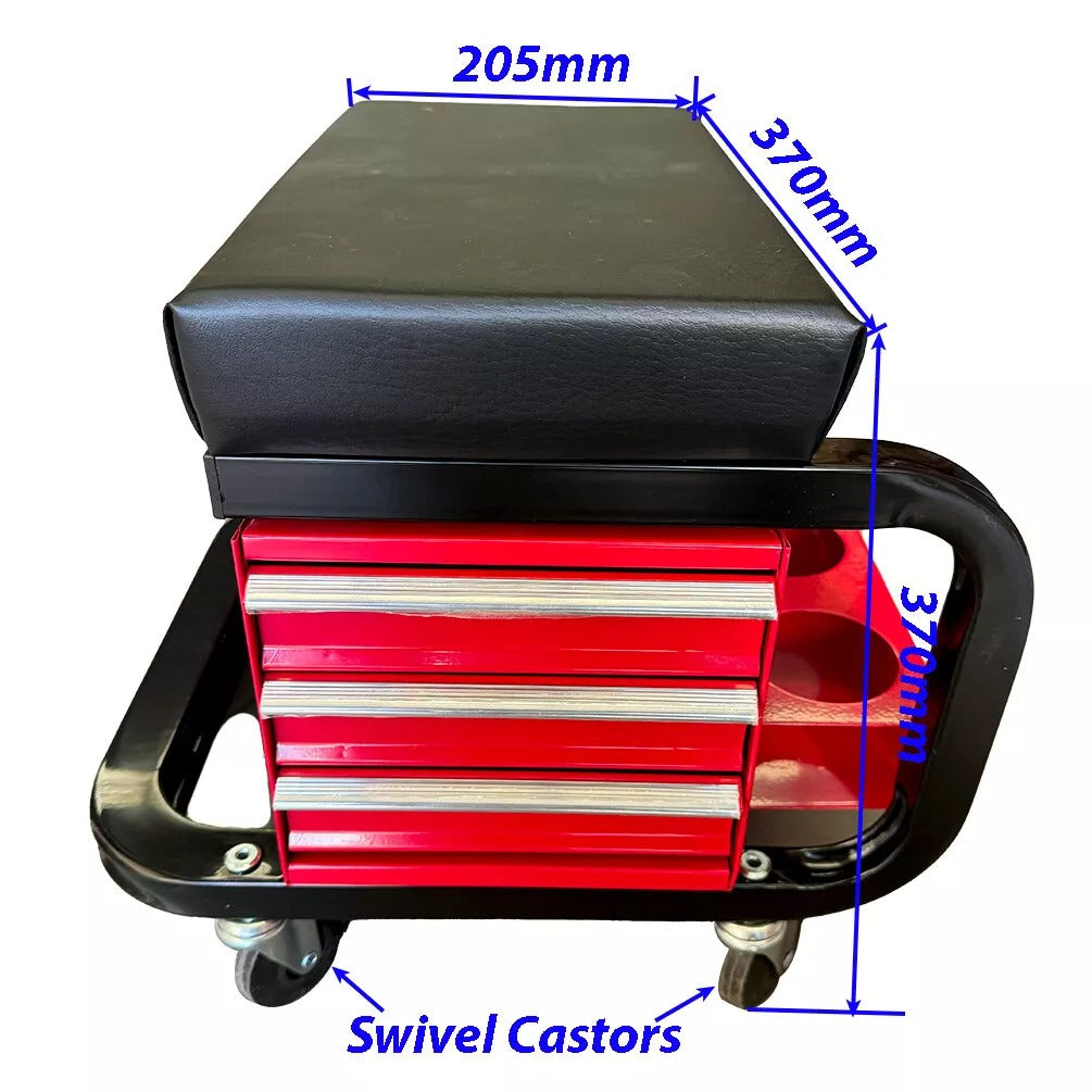 3-Drawer Mechanic Creeper Seat Mobile Work Stool Tool Storage Bottle Holders
